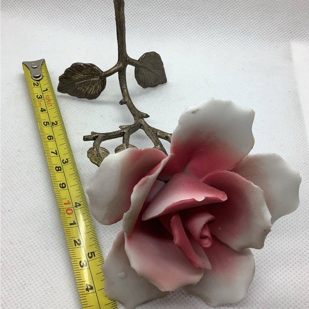 Vintage Capodimonte Ceramic Pink Rose Metal Stem Brass Porcelain 6” - Picture 6 of 7
